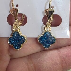 Gold and Blue Glitter Clover Earrings